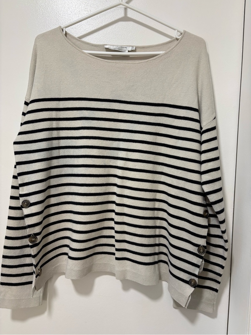 Striped Scoopneck Cotton Sweater in Cream and Black with Button Detail